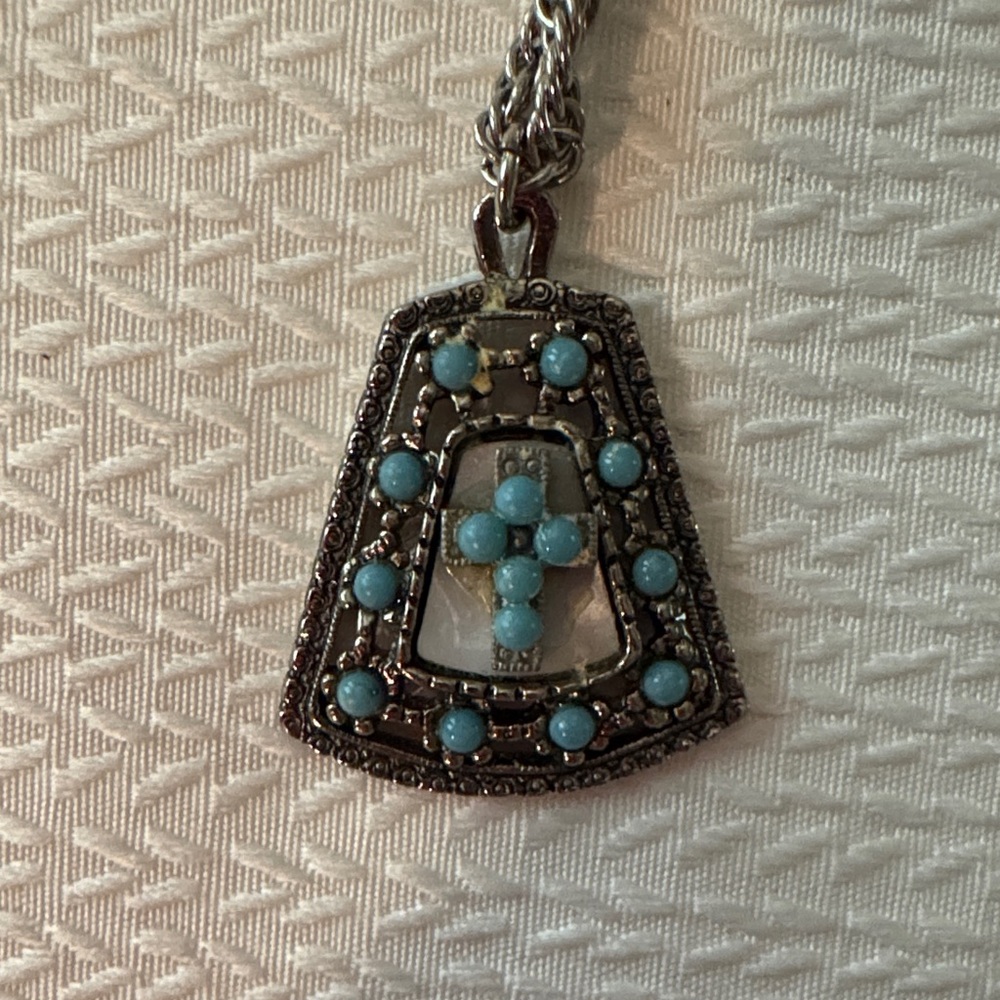 Silvertone Turquoise beaded Cross Charm with necklace